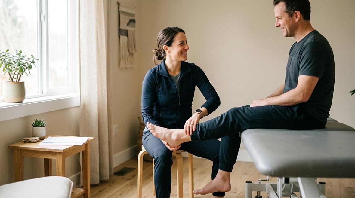 Therapeutin sitzt einem Patienten gegenüber und prüft sein Sprunggelenk, beide im Gespräch, helles Behandlungszimmer (Symbolfoto)
